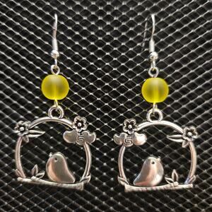 Antique silver bird and flower earrings with frosted yellow bead earrings